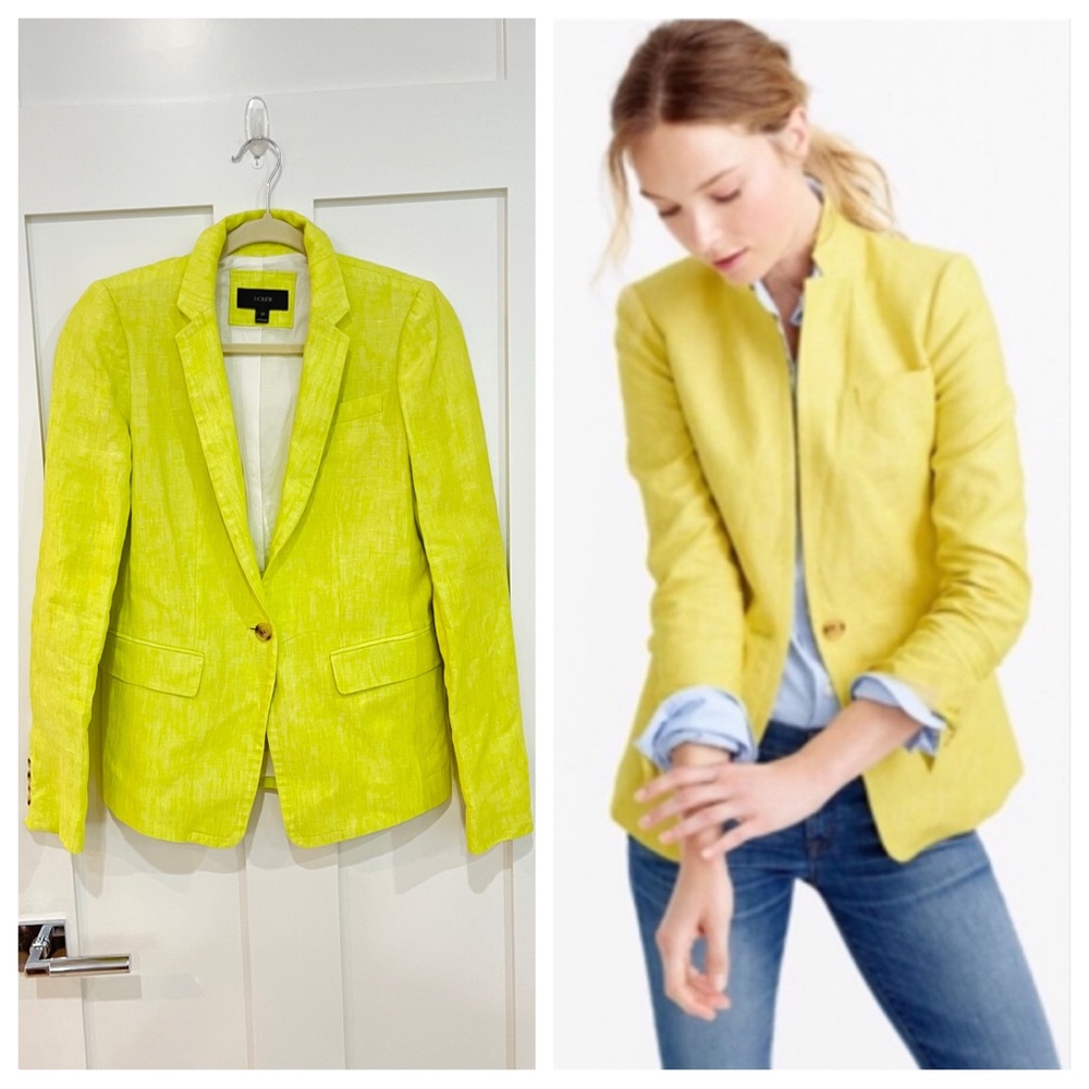 J. Crew Regent 100% Linen Citron Lime Lined Blazer Suit Jacket Single 2 2T TALL